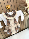 Beige & Ivory Bow Romper With Tartan Collard Blouse