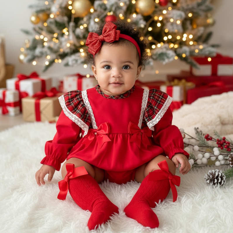 Tartan Frill Red Bow Romper