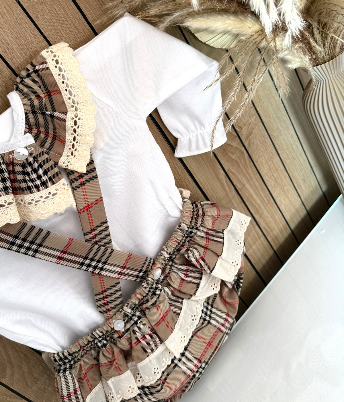 Beige & Ivory Bow Romper With Tartan Collard Blouse