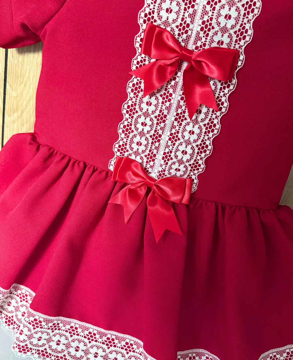 Red Bow Dress With White Lace Trim