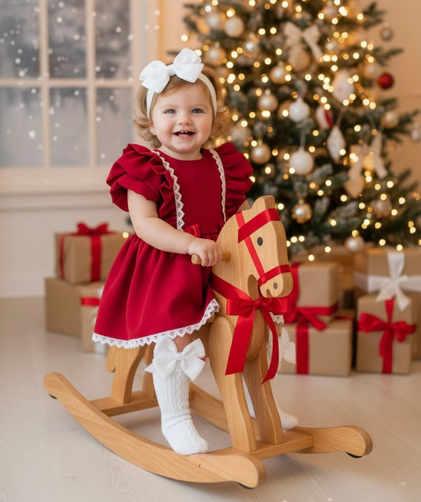 Red Double Bow Dress With Sparkly Lace Trim