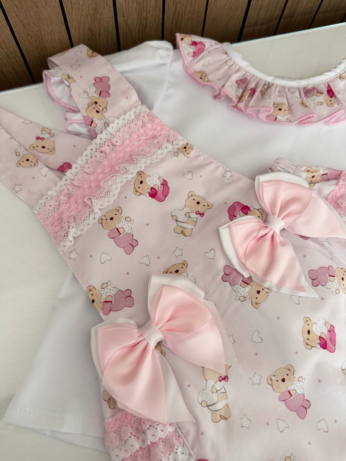 Pink Teddy Print Frilly Bow Romper with Top