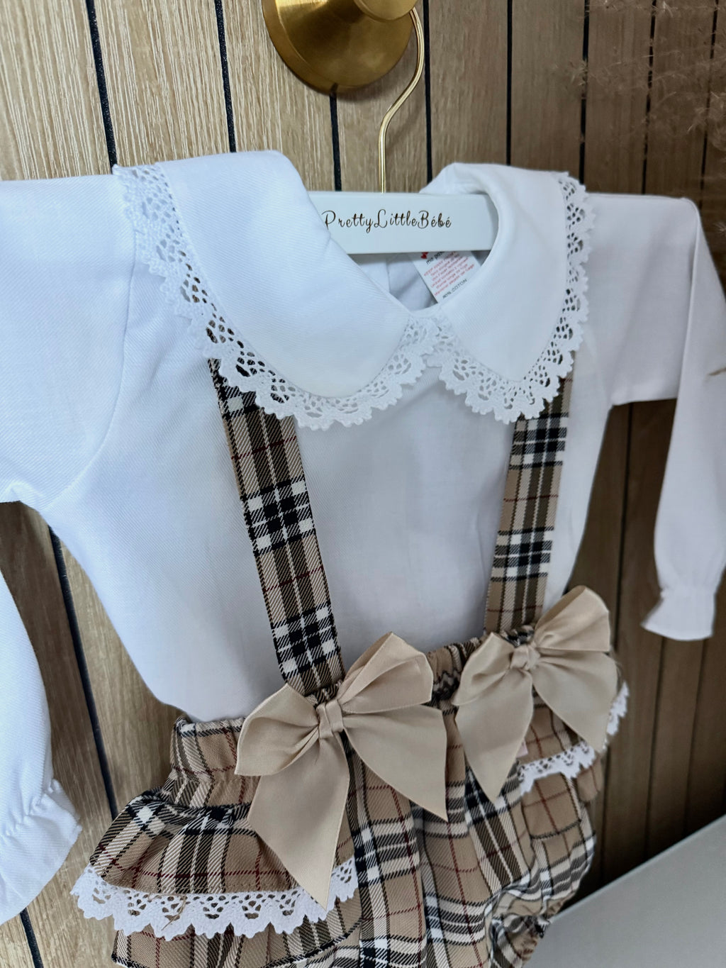 Luxury Beige Tartan Pinafore & Blouse set