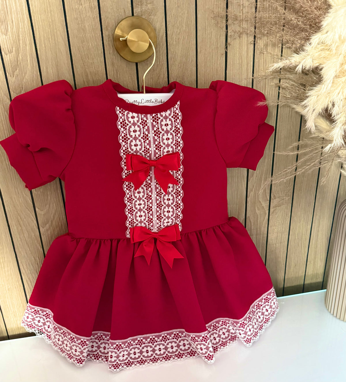 Red Bow Dress With White Lace Trim