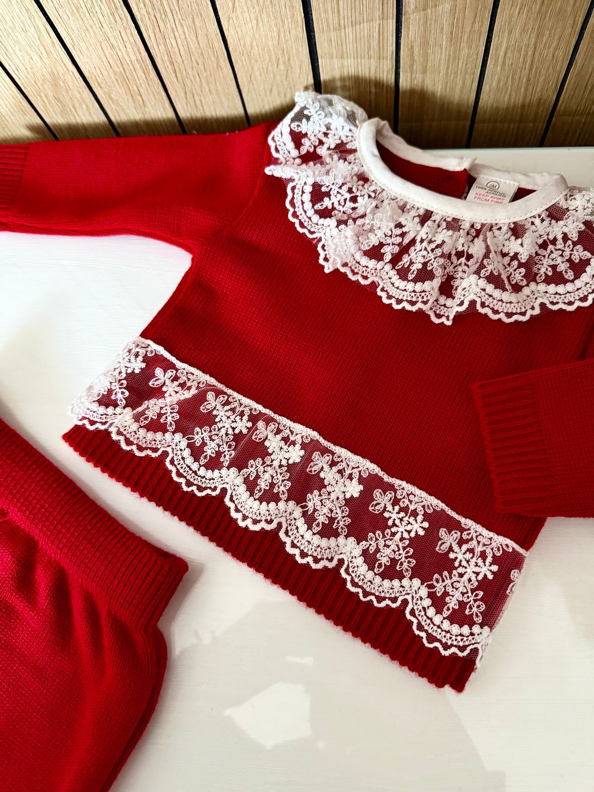 Baby Girl Red Knitted Laced Jam Pant Set