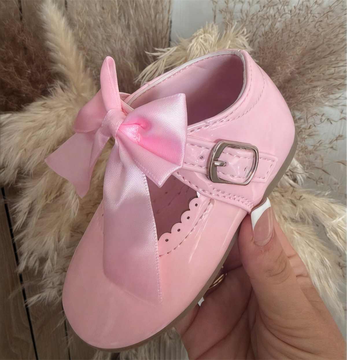 Spanish Pink Satin Bow Patent Shoes