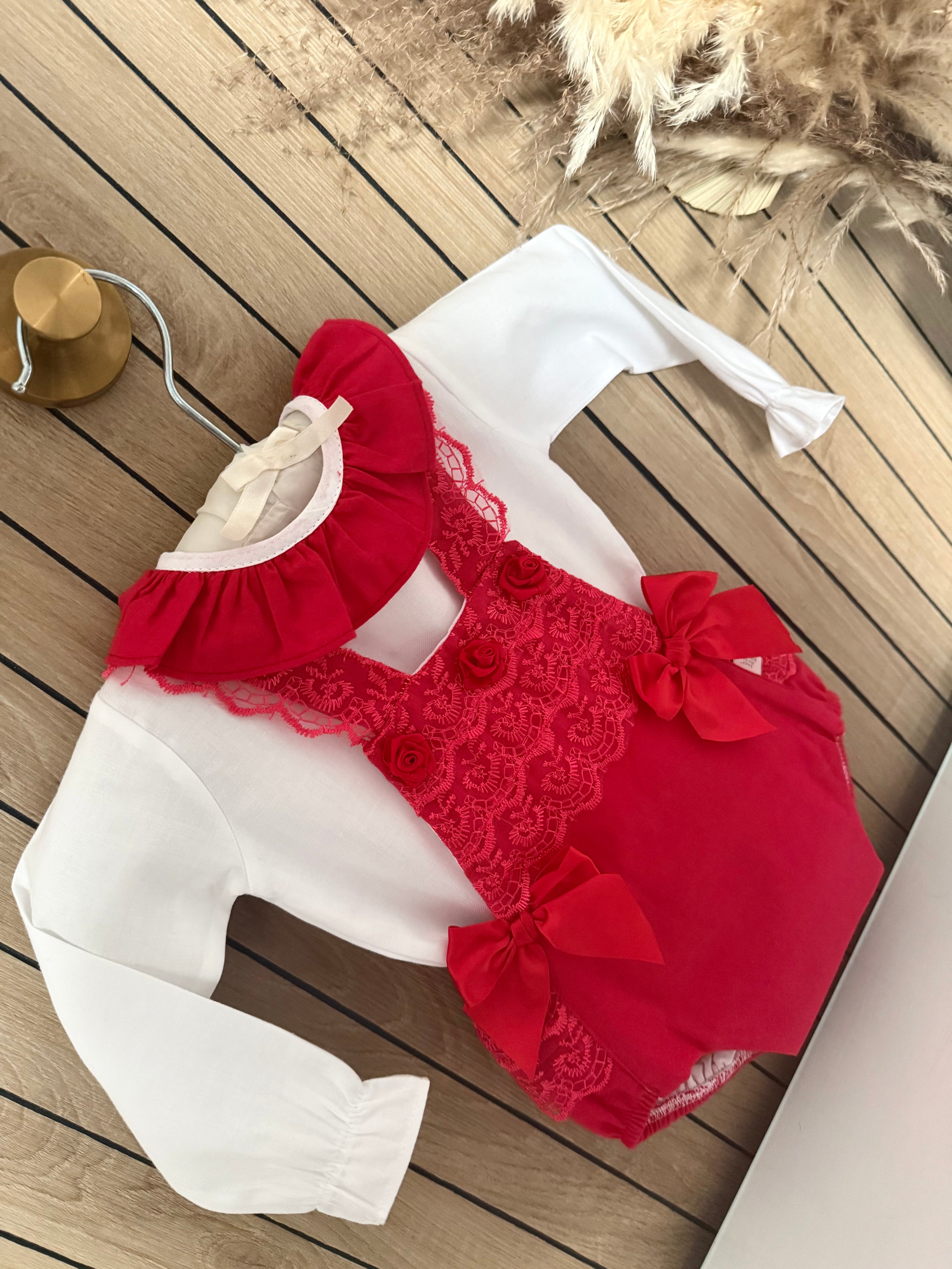 Red Rose Bud Pinafore & Blouse