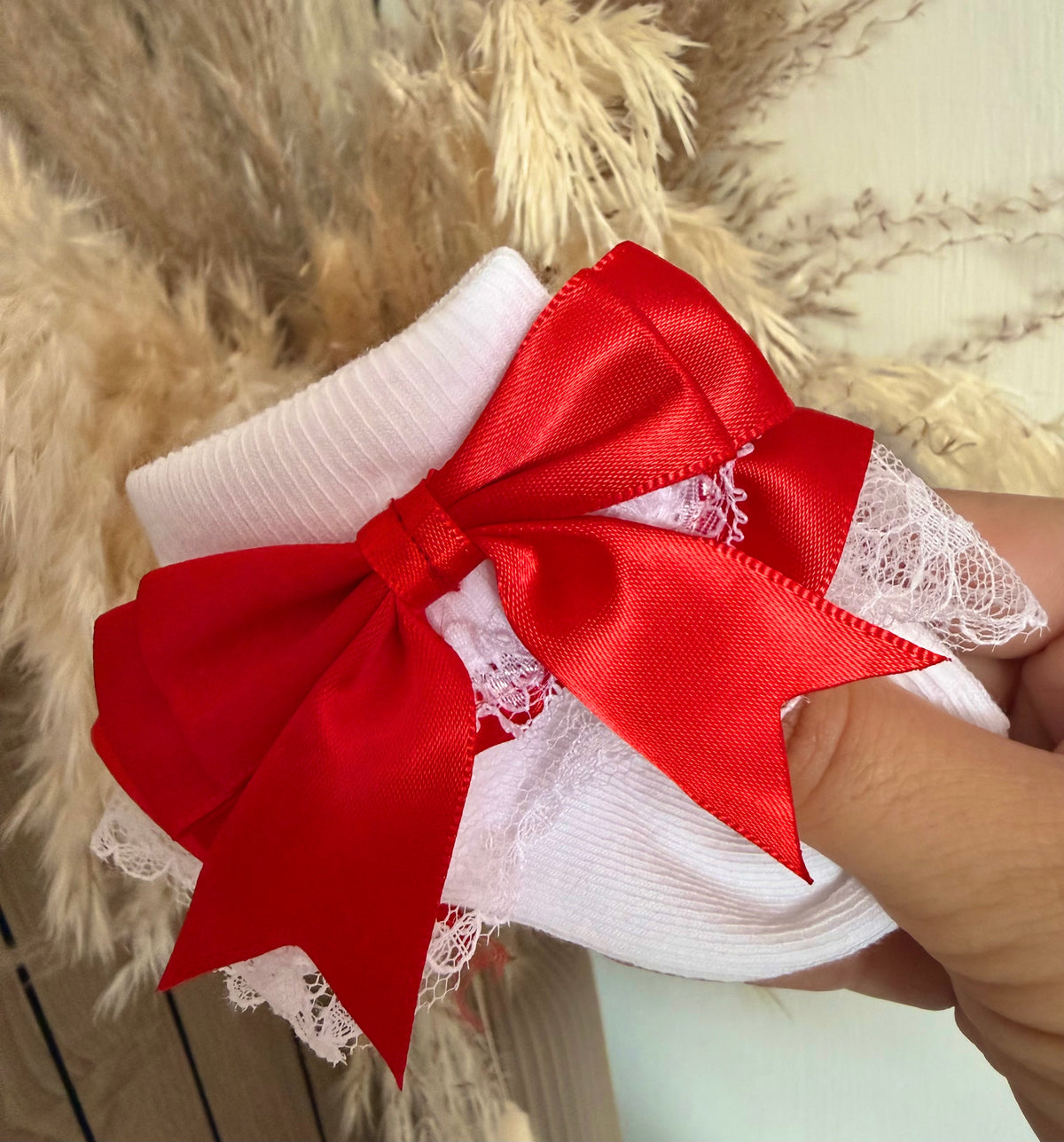 Red Satin Bow Frilly Lace Socks