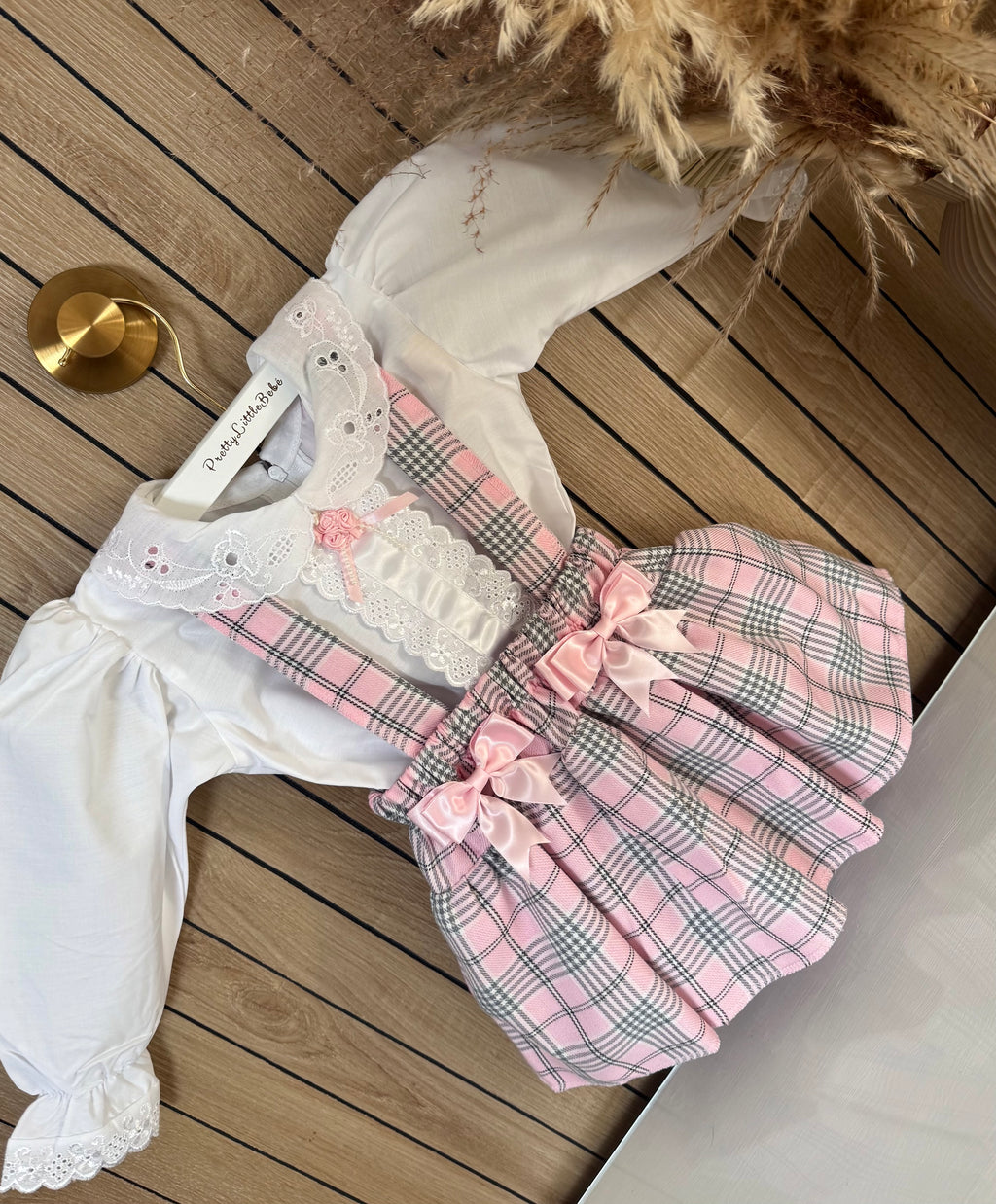 Pink Tartan Bow Pinafore With Blouse