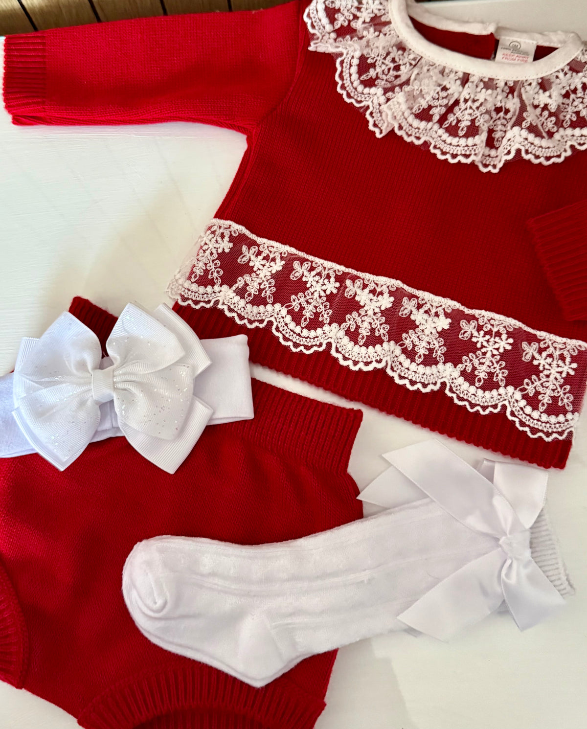 Baby Girl Red Knitted Laced Jam Pant Set
