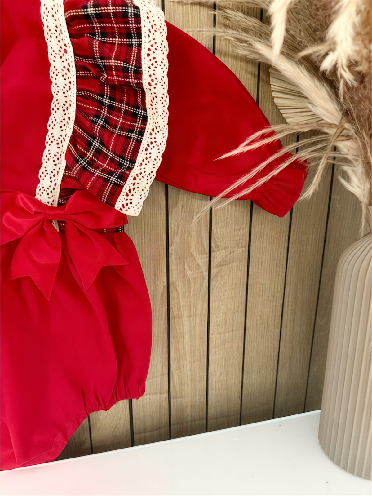 Tartan Frill Red Bow Romper