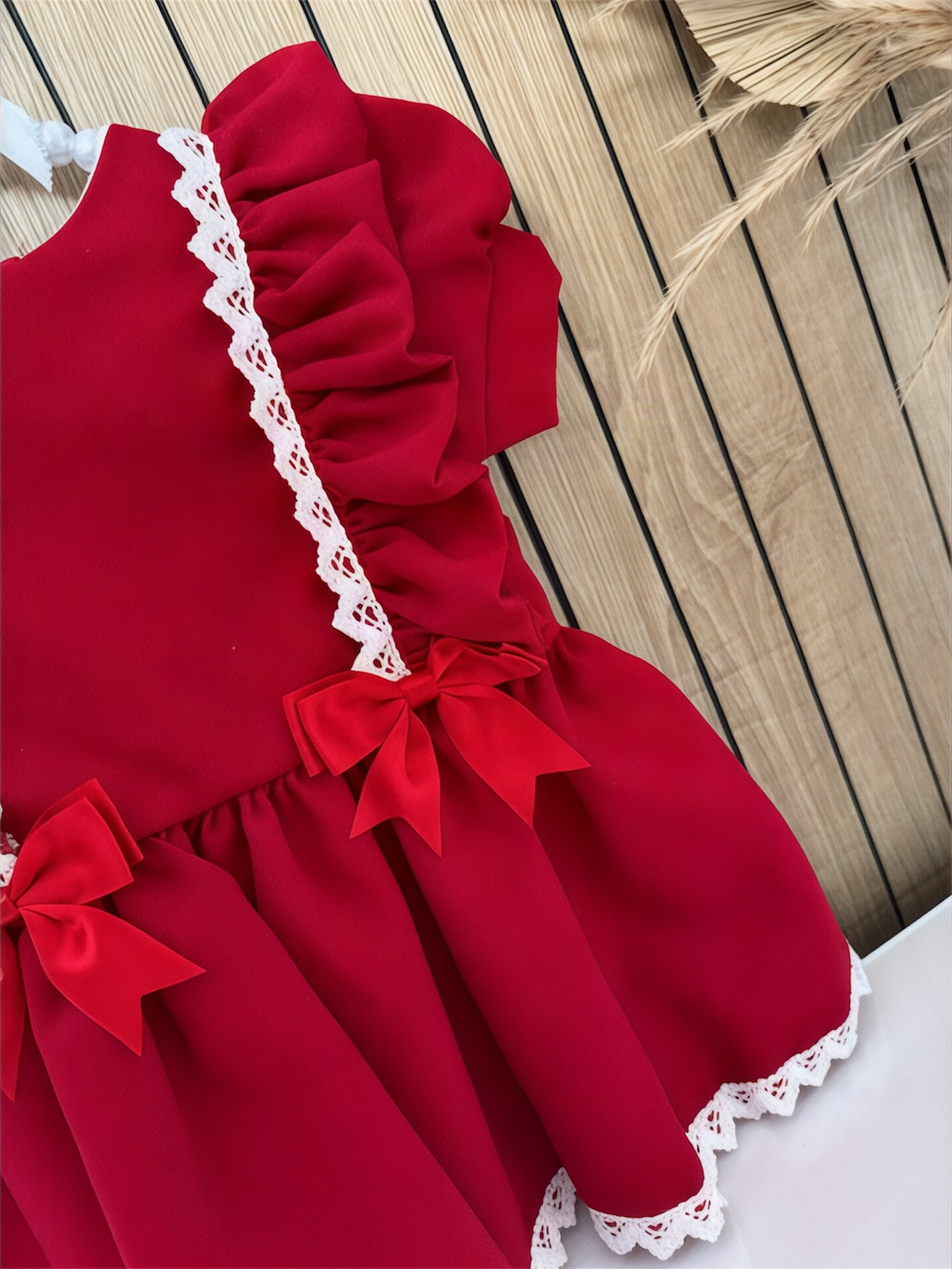 Red Double Bow Dress With Sparkly Lace Trim