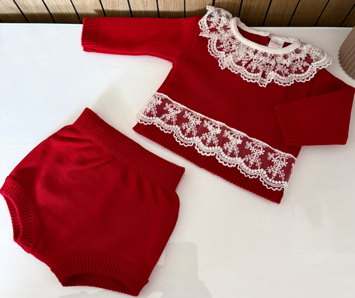 Baby Girl Red Knitted Laced Jam Pant Set
