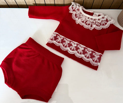 Baby Girl Red Knitted Laced Jam Pant Set