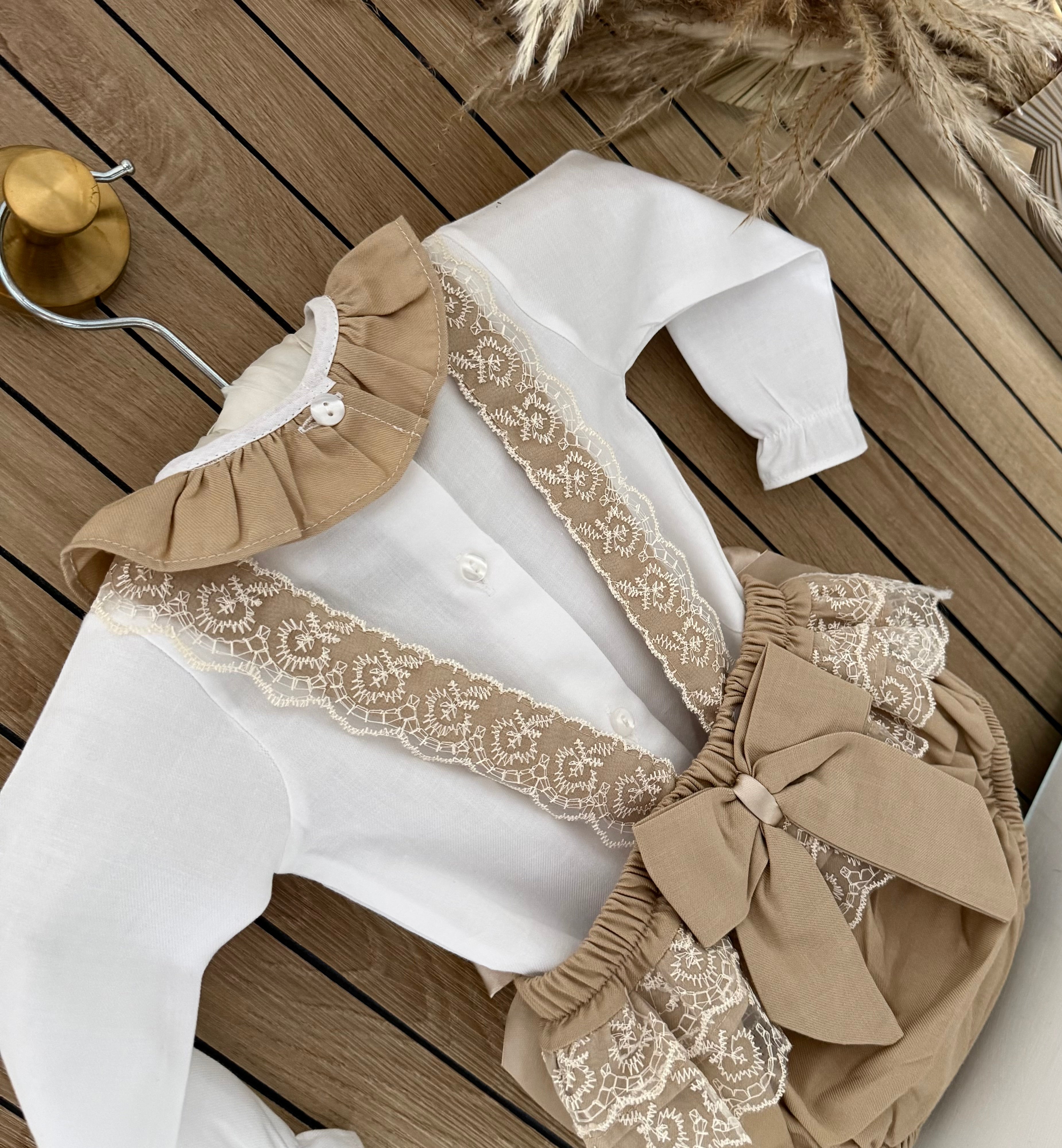 Beige Rose Bud Romper With Longsleeve Blouse