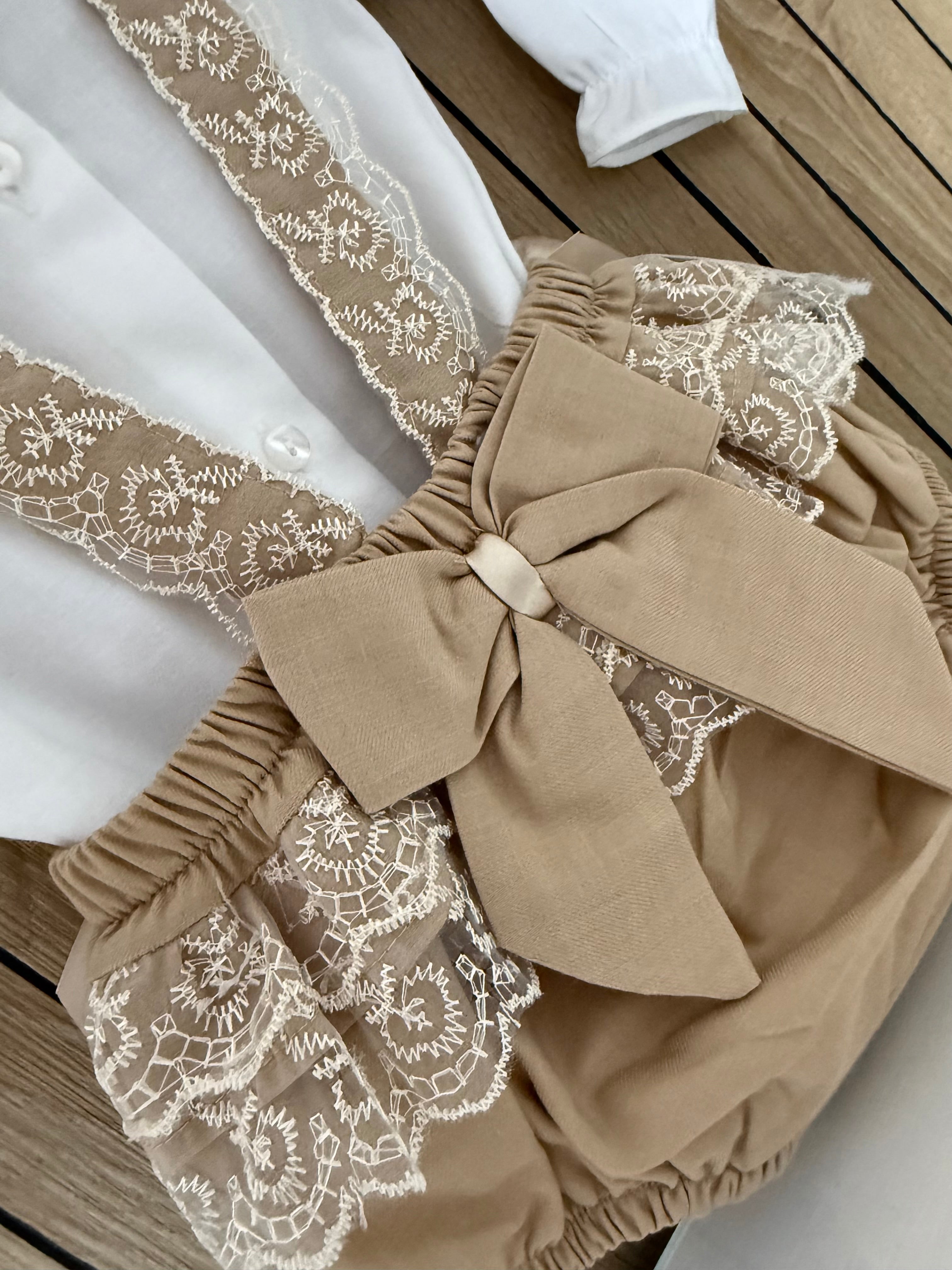 Beige Rose Bud Romper With Longsleeve Blouse