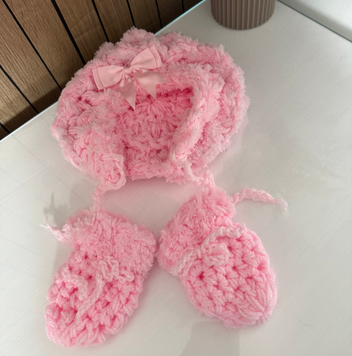 Pink Wool Bonnet & Mittens