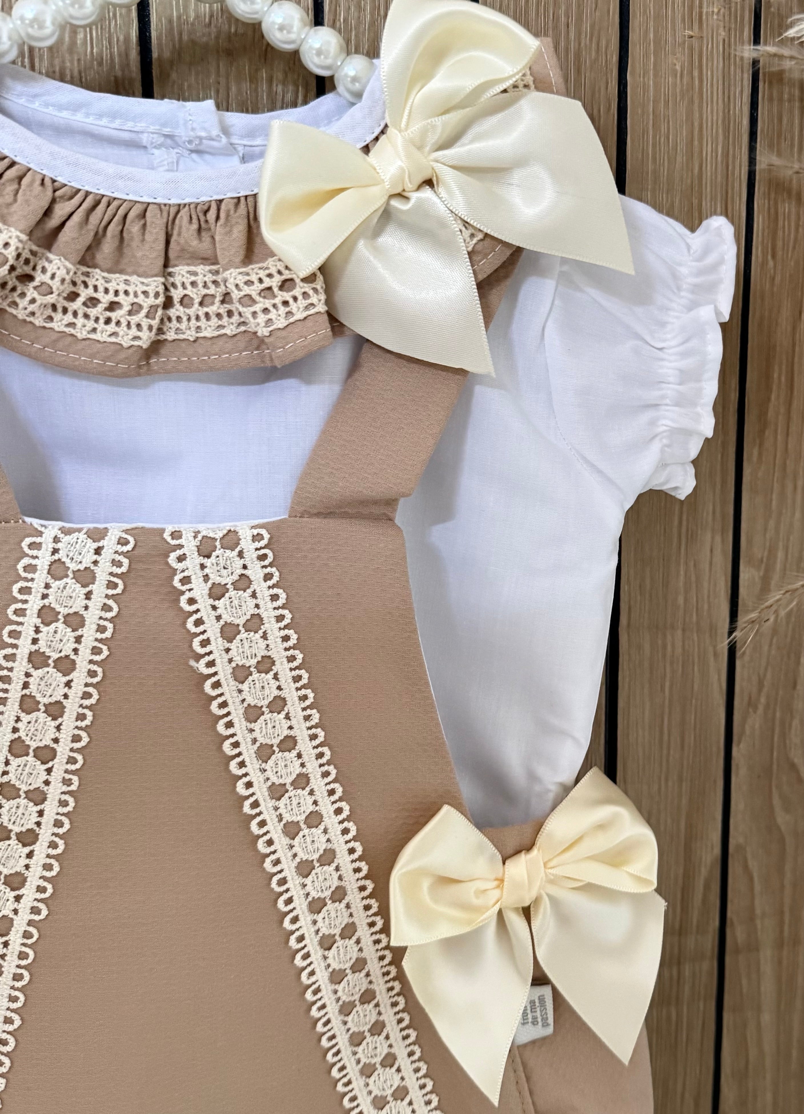 Beige Spanish Romper With Ivory Bows & Matching Blouse