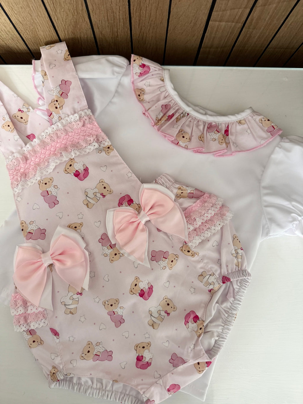 Pink Teddy Print Frilly Bow Romper with Top