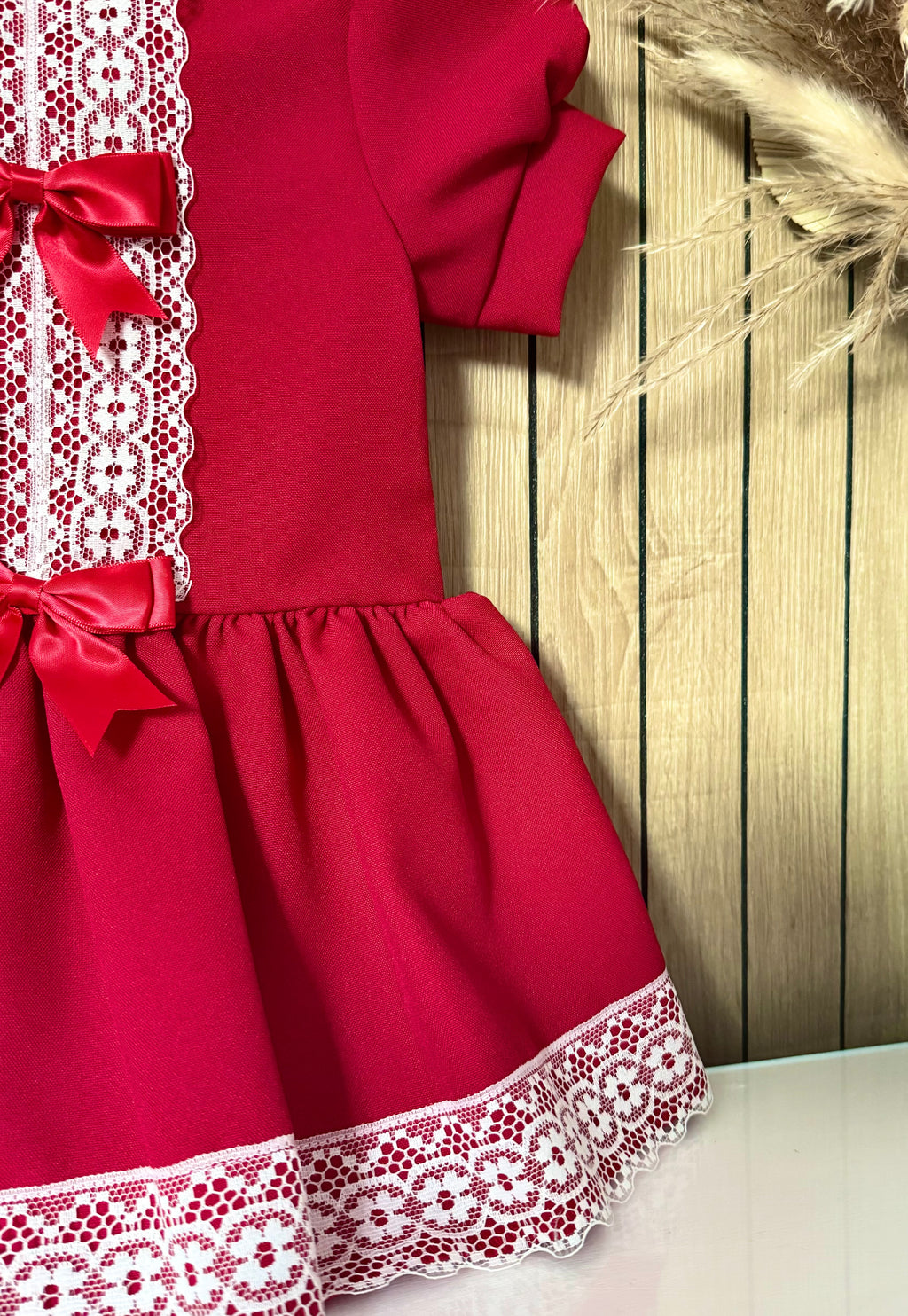Red Bow Dress With White Lace Trim