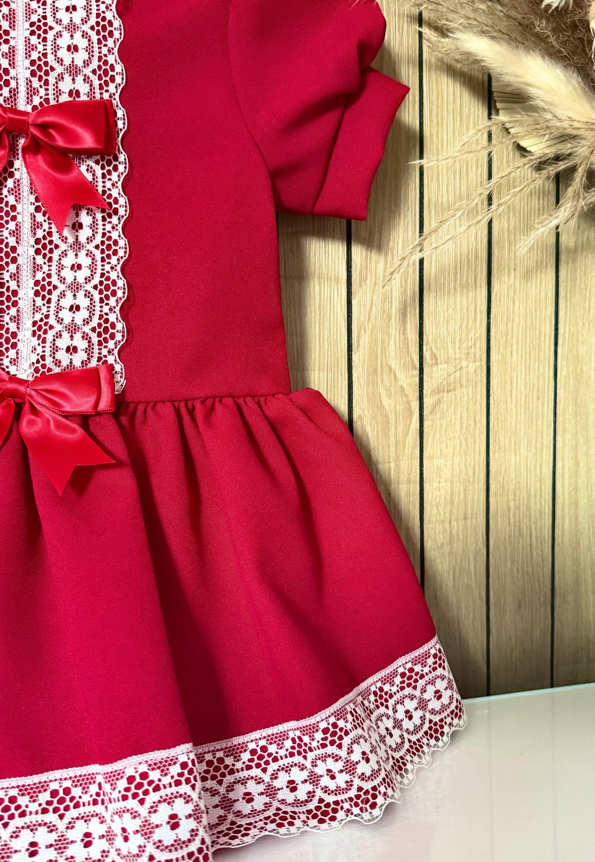 Red Bow Dress With White Lace Trim