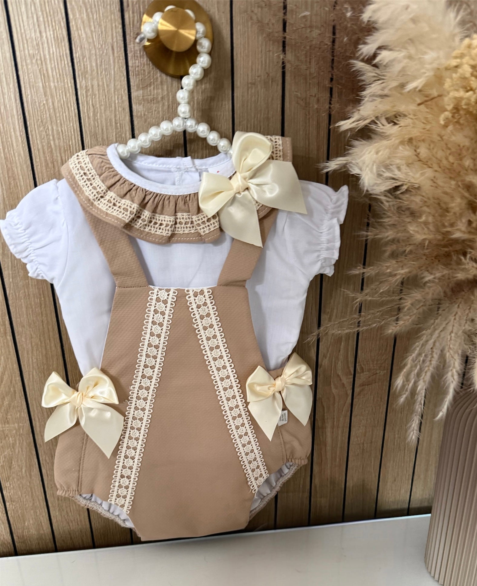 Beige Spanish Romper With Ivory Bows & Matching Blouse