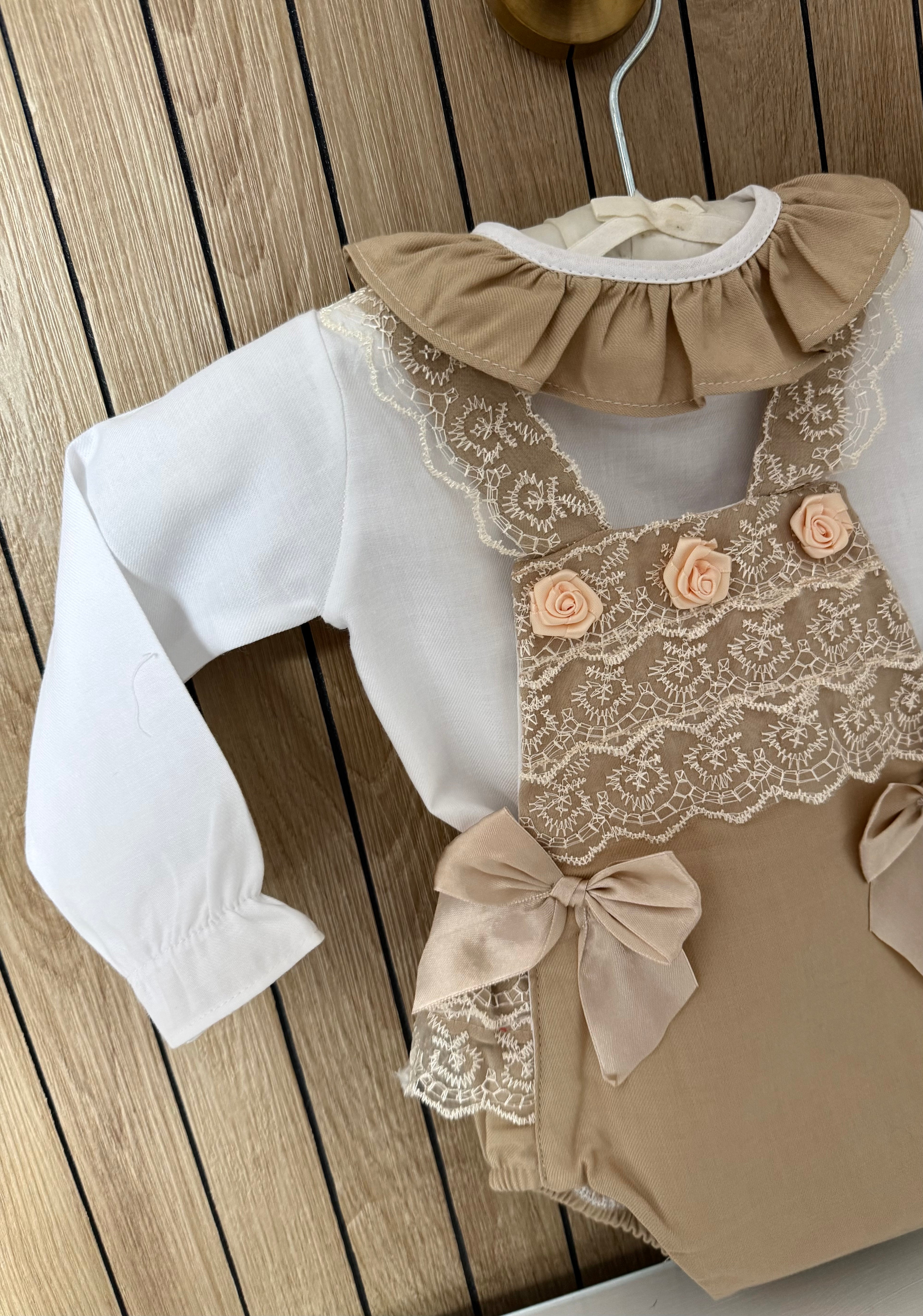Beige Rose Bud Romper With Longsleeve Blouse