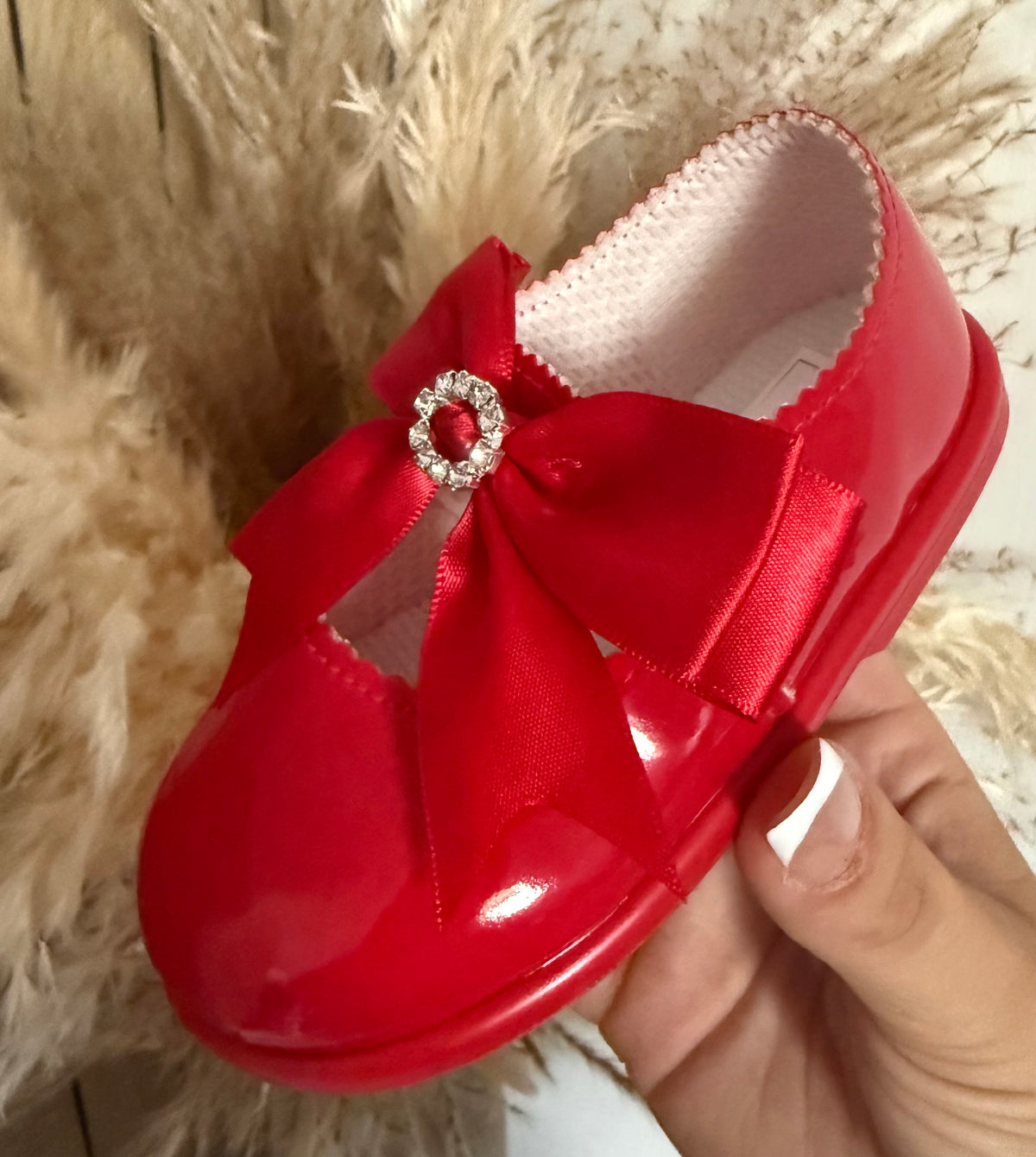 Red Hard Sole Shoes With Red Satin Diamante Bow