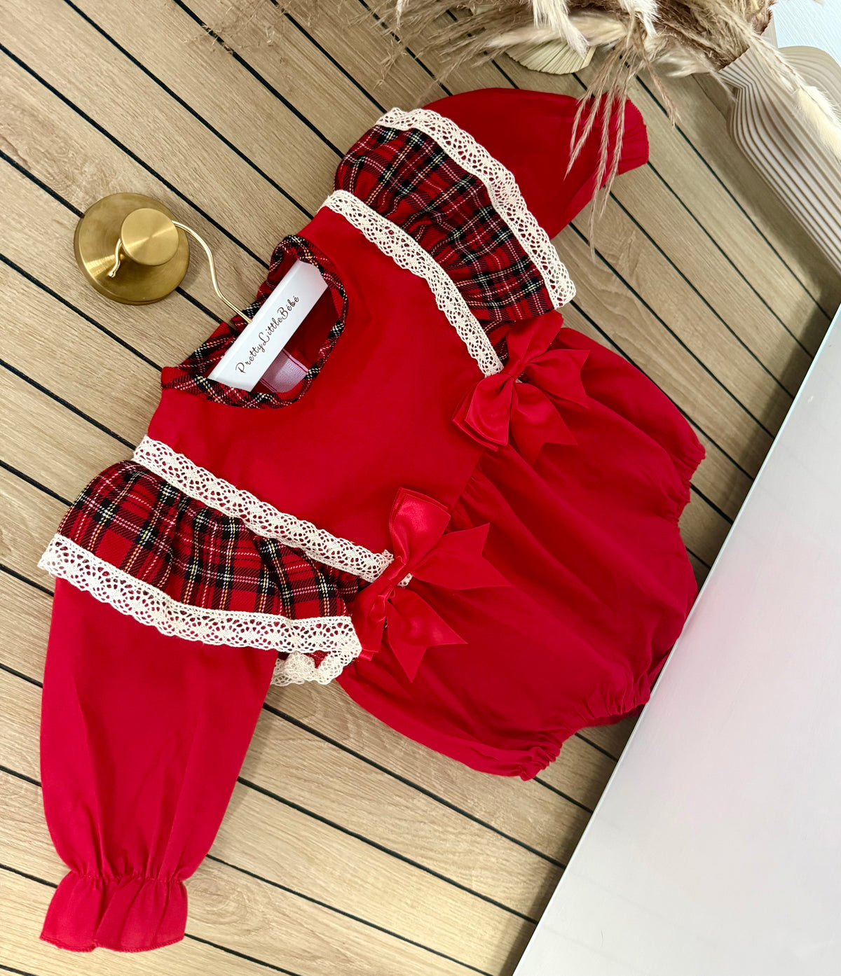 Tartan Frill Red Bow Romper
