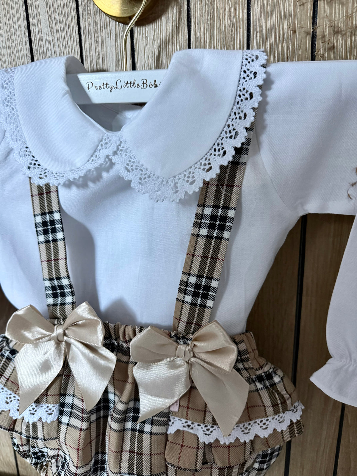 Luxury Beige Tartan Pinafore & Blouse set