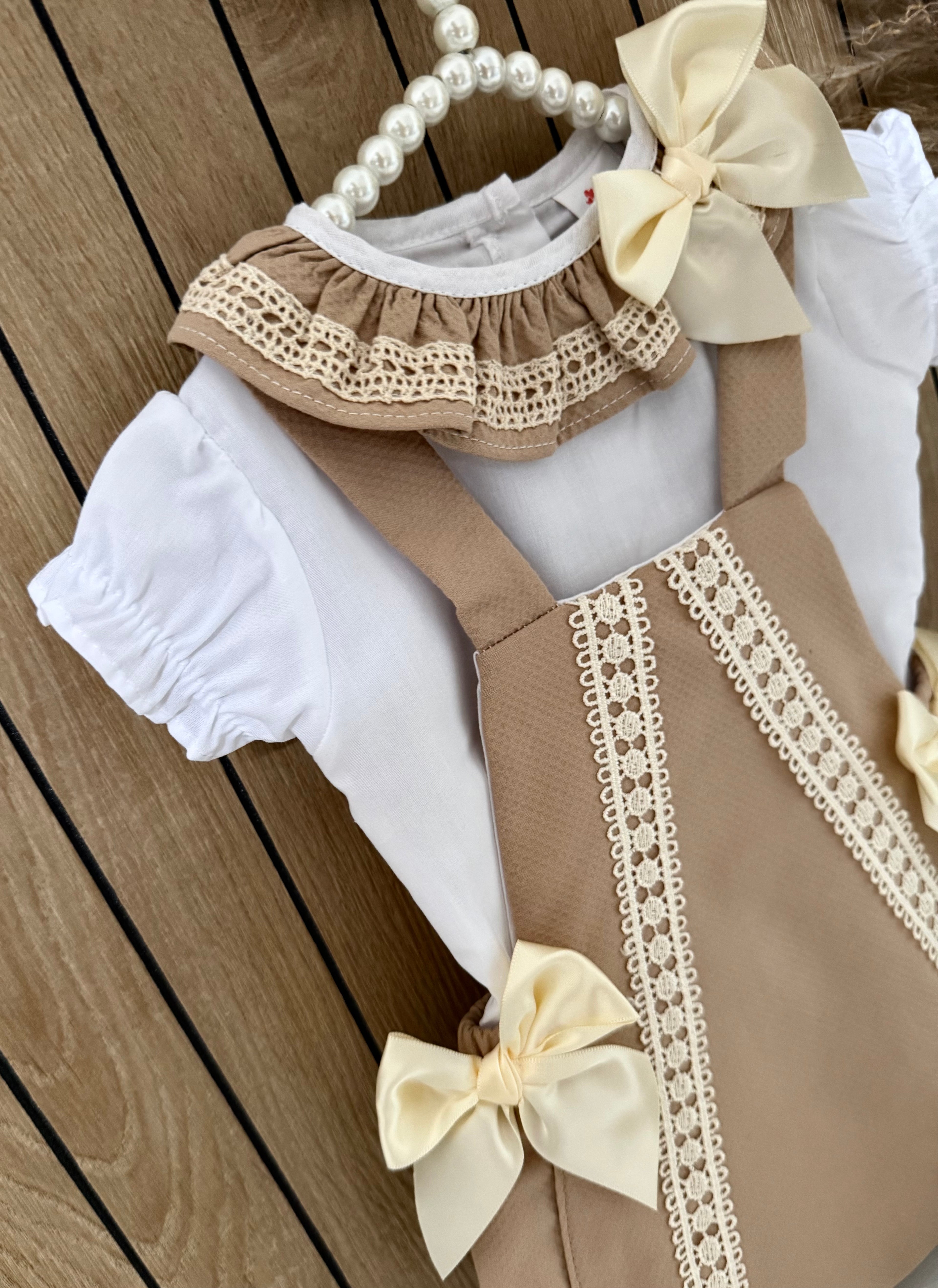 Beige Spanish Romper With Ivory Bows & Matching Blouse