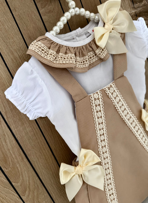 Beige Spanish Romper With Ivory Bows & Matching Blouse