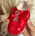 Red Hard Sole Shoes With Red Satin Diamante Bow