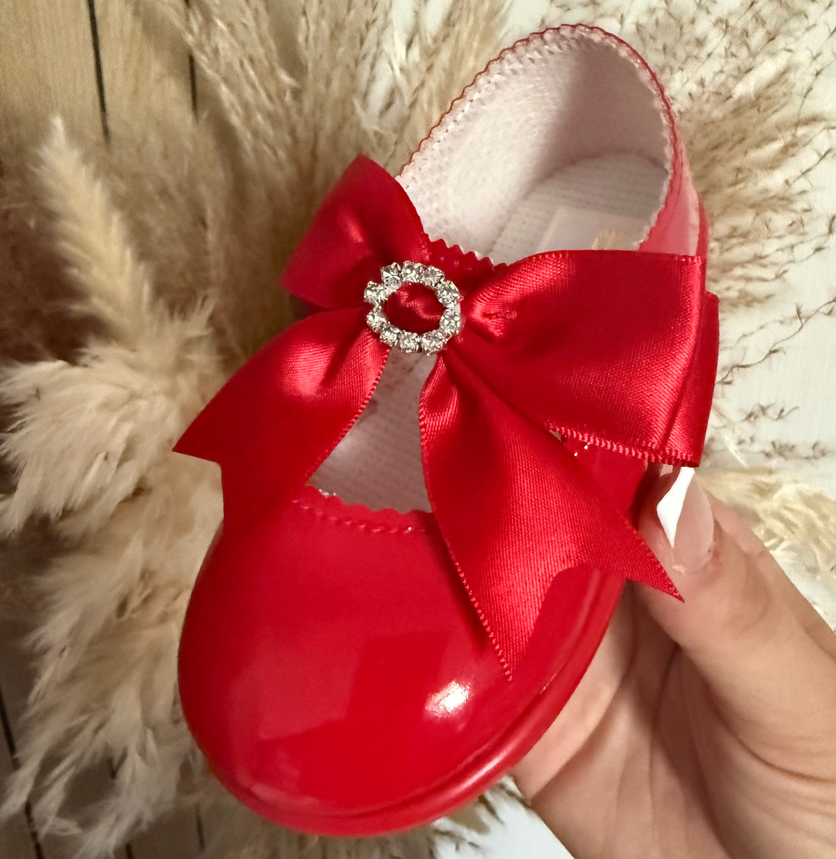 Red Hard Sole Shoes With Red Satin Diamante Bow