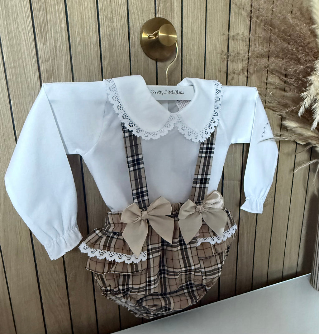 Luxury Beige Tartan Pinafore & Blouse set