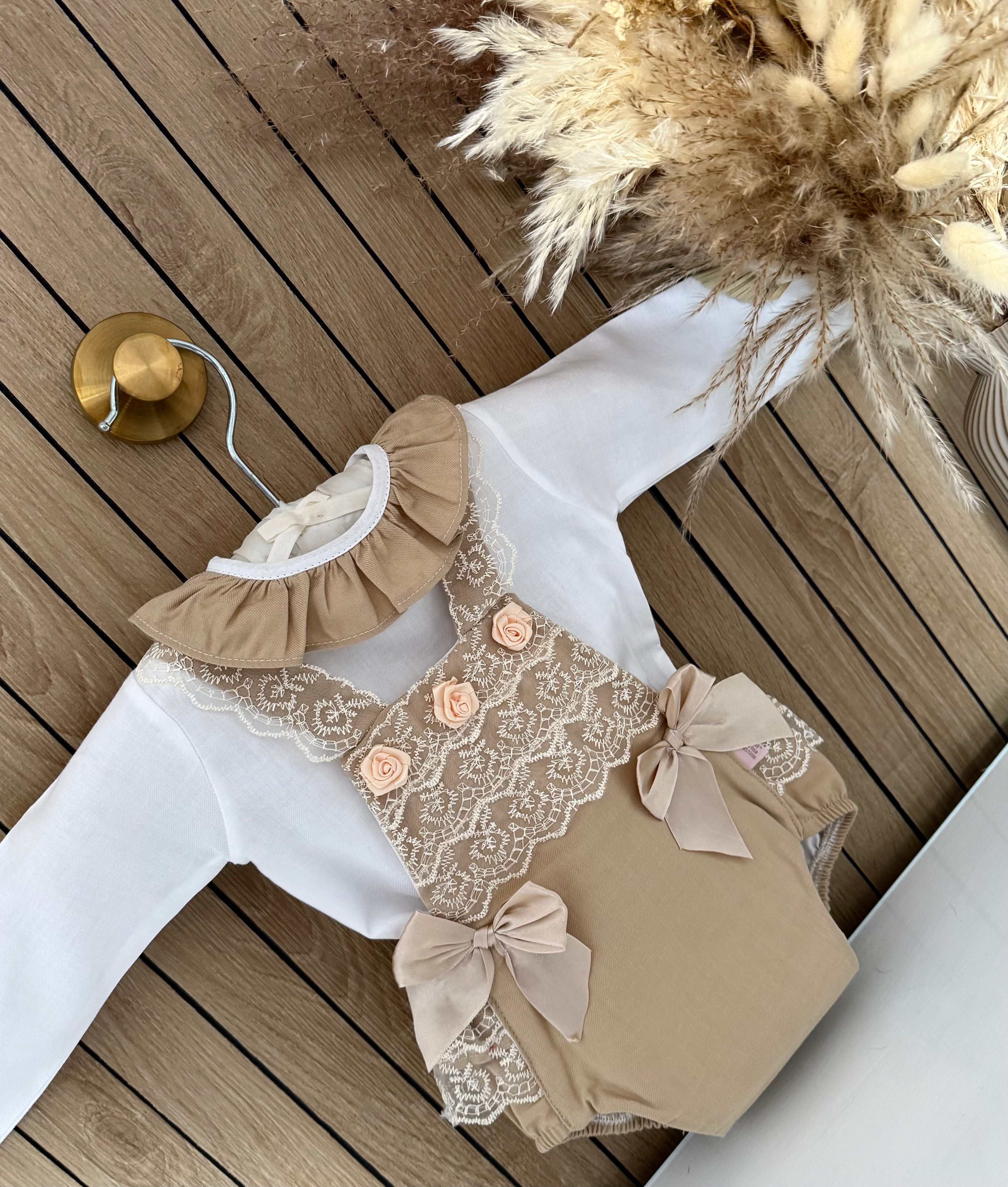 Beige Rose Bud Romper With Longsleeve Blouse