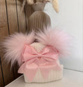 White & Pink Double Pom Pom Bow Hat