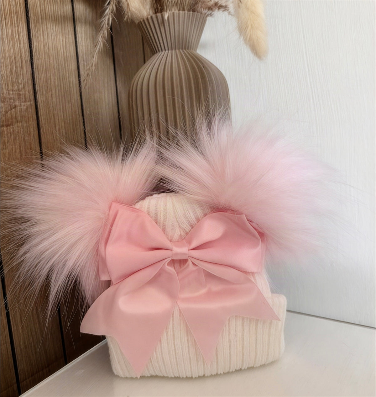 White & Pink Double Pom Pom Bow Hat