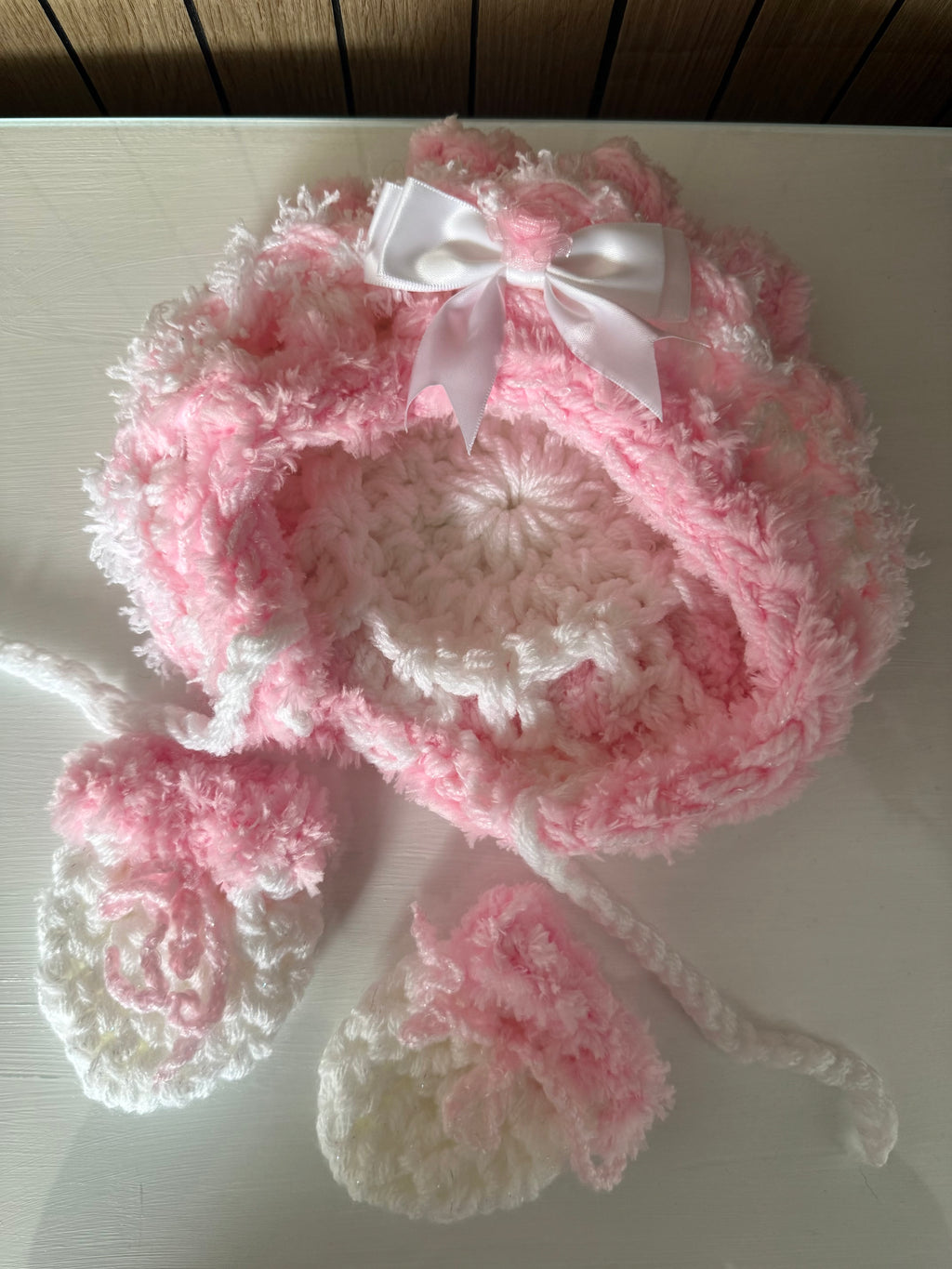 Pink & White Wool Bonnet & Mittens