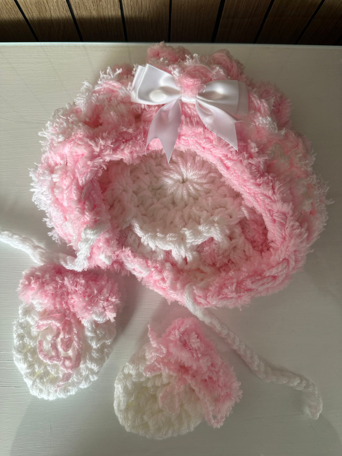 Pink & White Wool Bonnet & Mittens