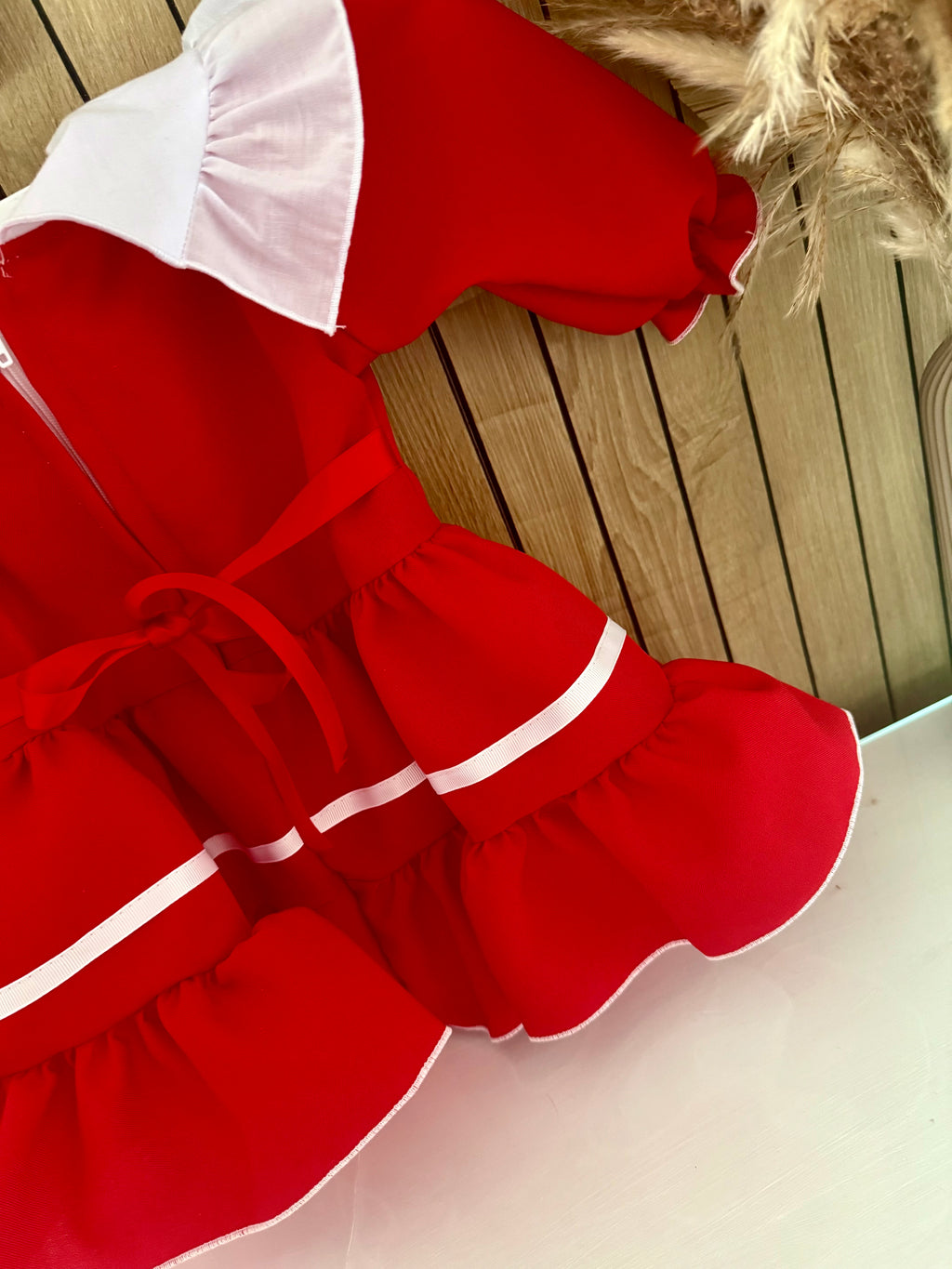 Red & White Ruffle Dress With Bow