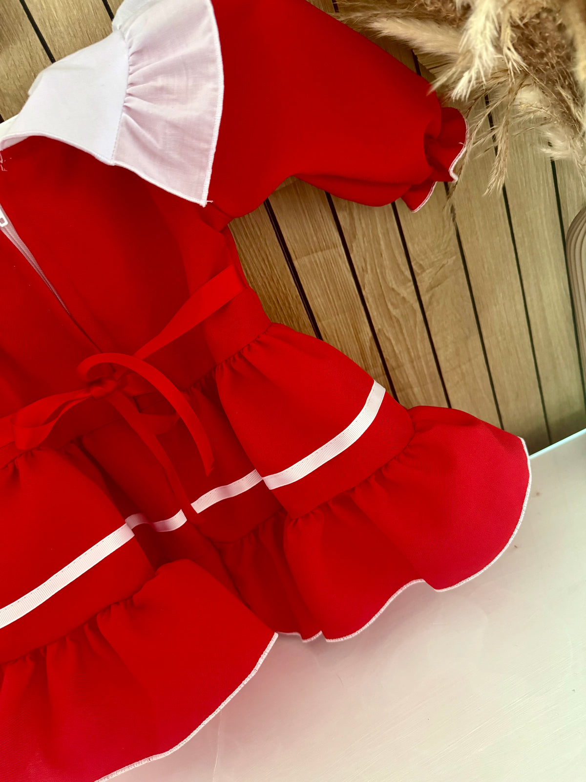 Red & White Ruffle Dress With Bow