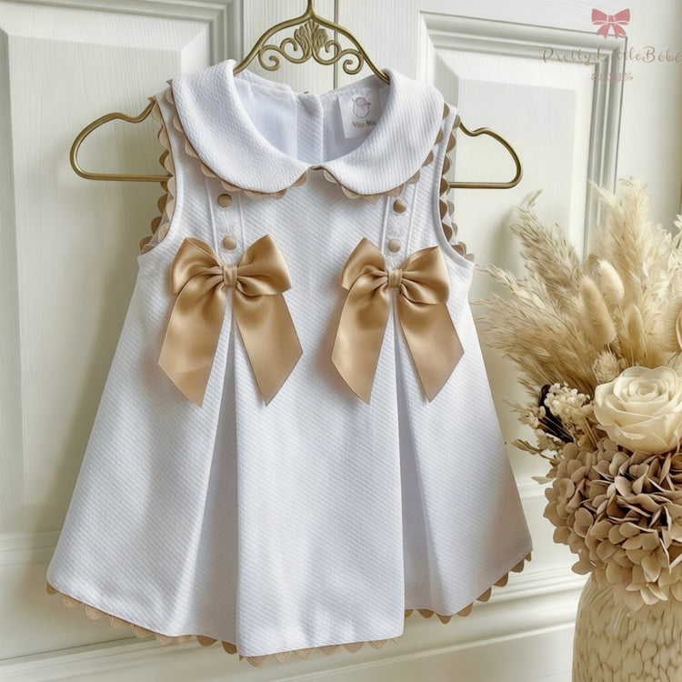 A lined White & Caramel Bow Dress - Hermosa