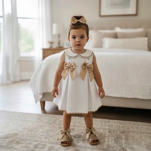 A lined White & Caramel Bow Dress - Hermosa