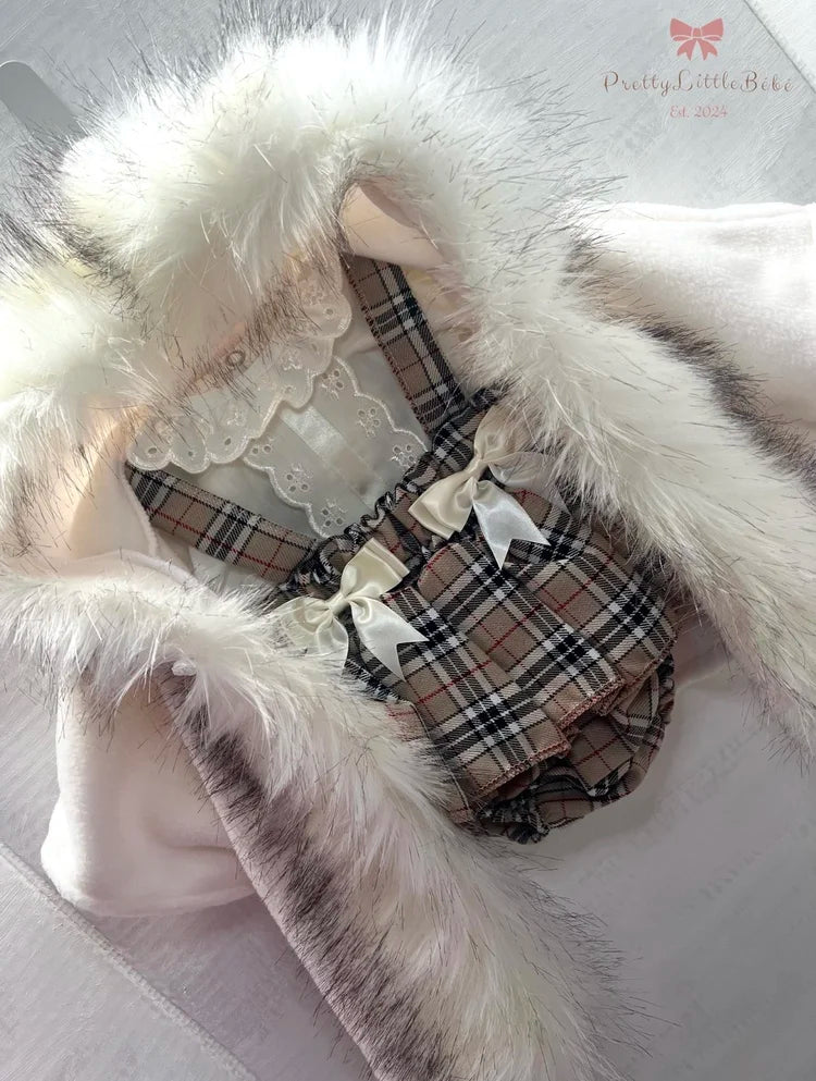 Beige Tartan Bow Pinafore with Blouse
