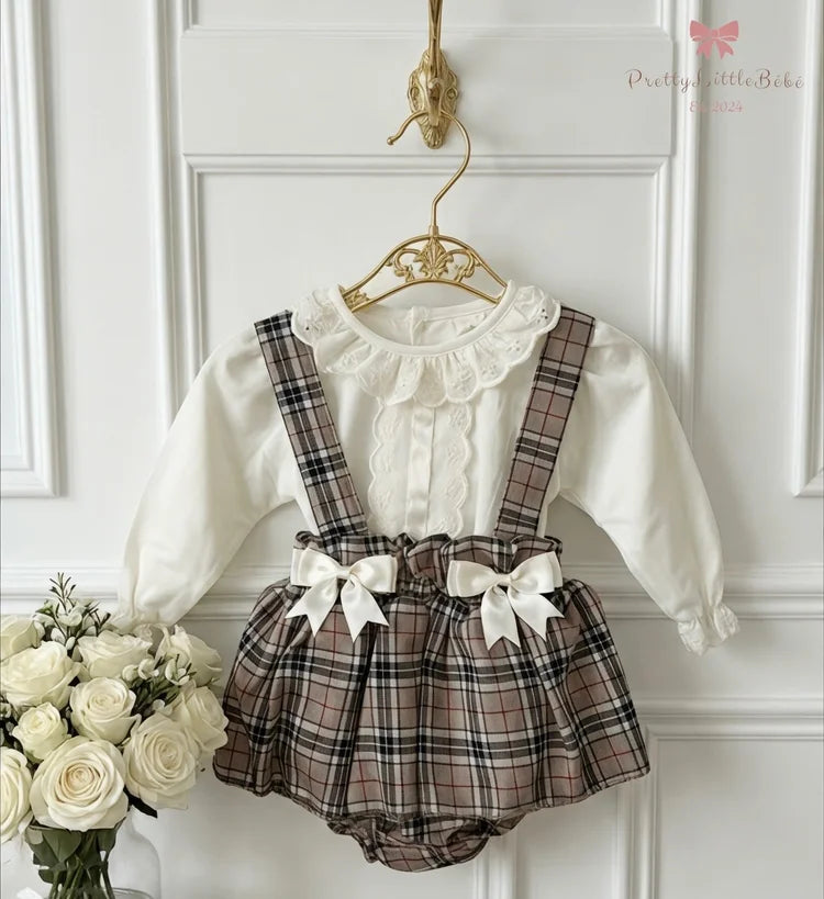 Beige Tartan Bow Pinafore with Blouse