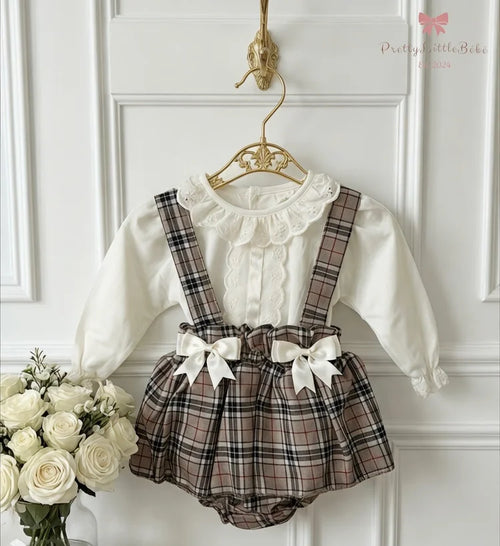 Beige Tartan Bow Pinafore with Blouse