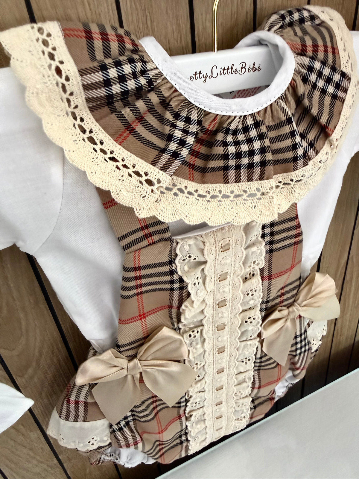 Beige & Ivory Bow Romper With Tartan Collard Blouse
