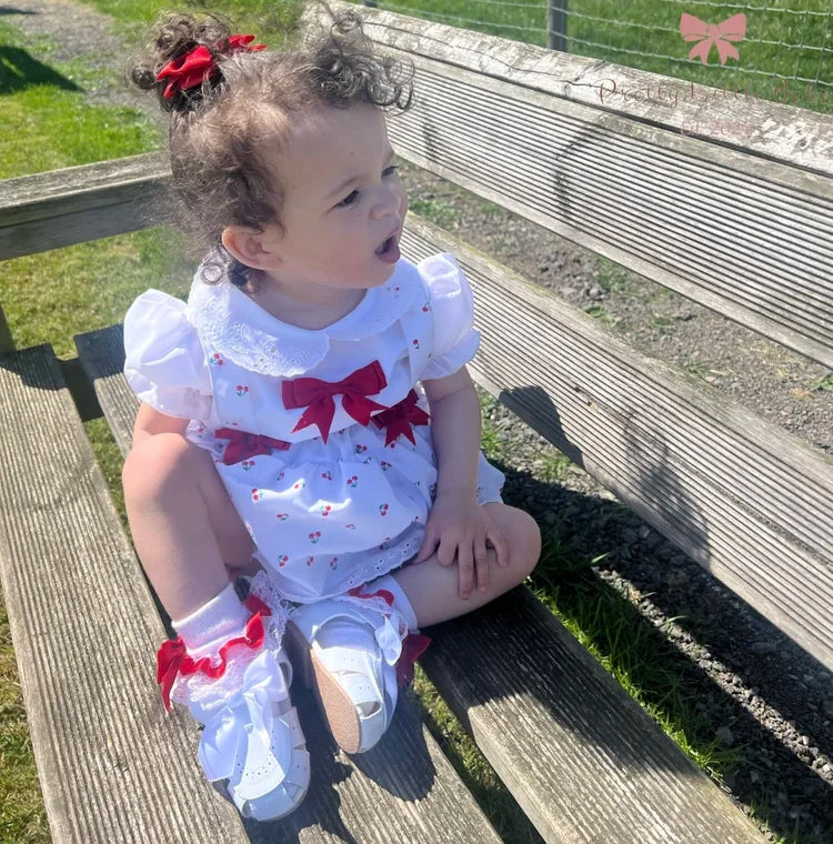 Cherry Print Bow Pinafore Romper With Blouse