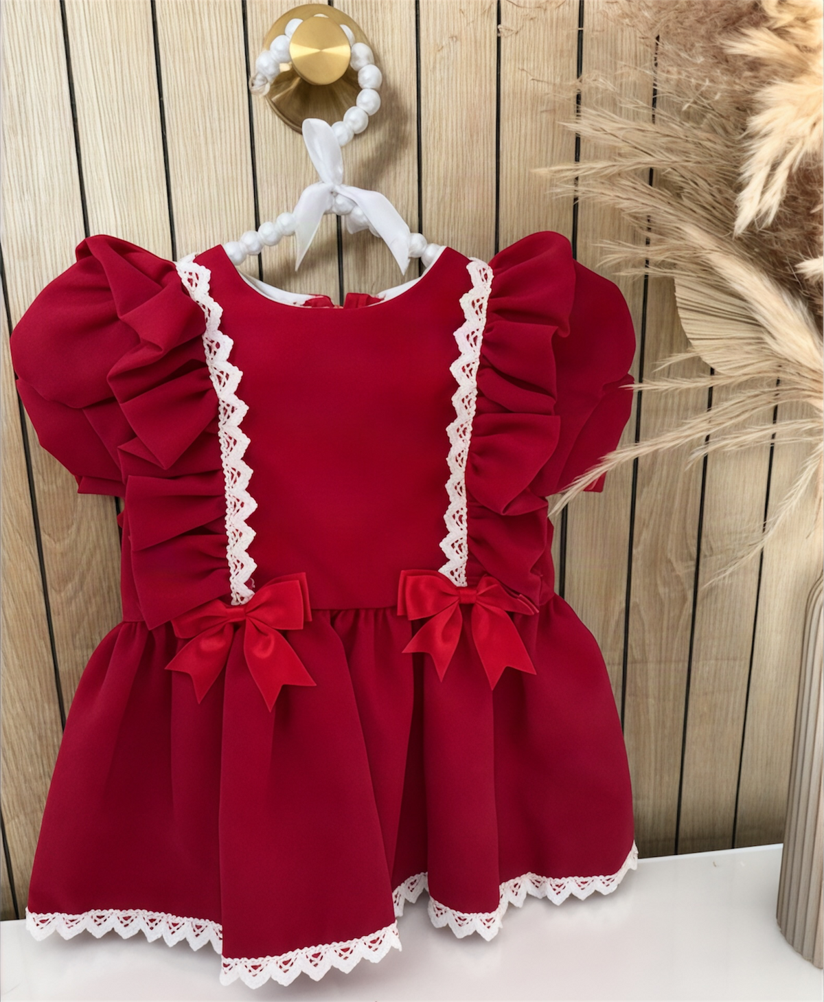 Red Double Bow Dress With Sparkly Lace Trim